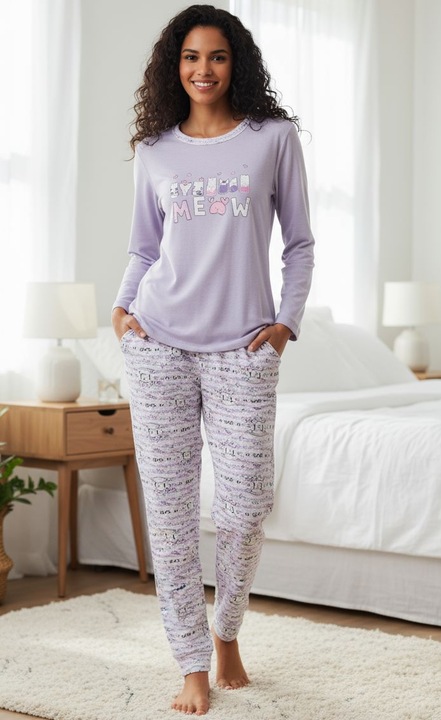 Interlock pamut pizsama, StarFashion, hosszú ujjú blúz és hosszú nadrág, Lila orgona