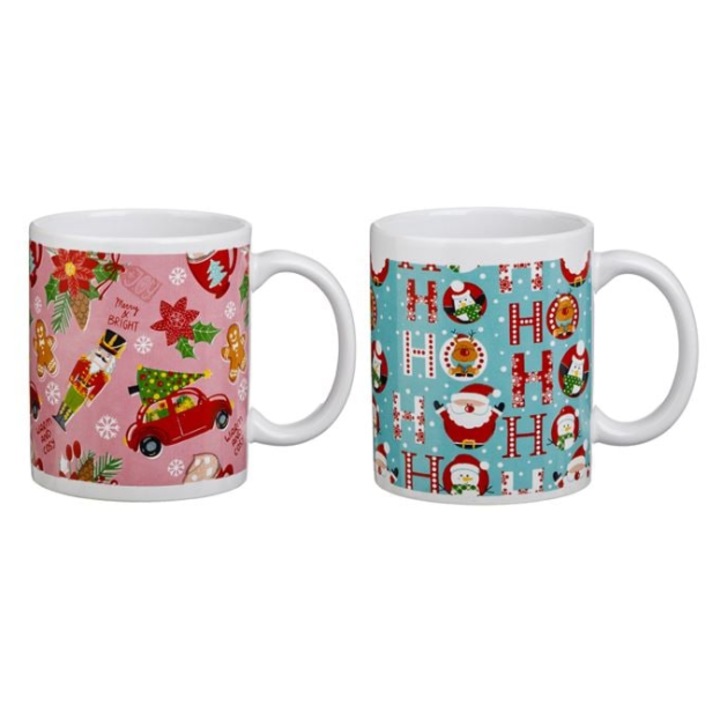 Set Cani Craciun AB Homes, Ceramice cu Figurine & Ornamente, Roz & Verde Menta, 330ml – 2 Bucati Festive pentru Momente Magice