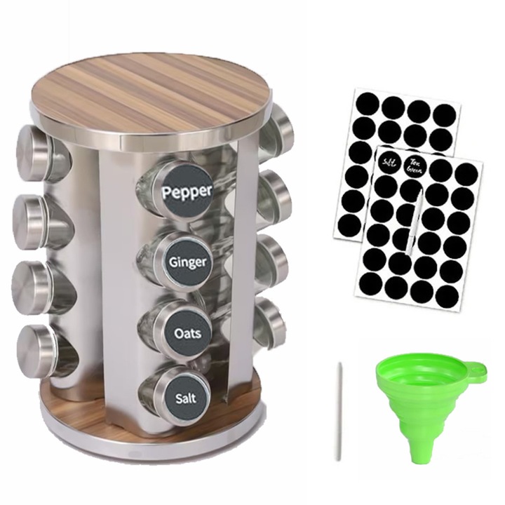 Set rotativ pentru condimente, Homkel, 16 recipiente, otel inoxidabil