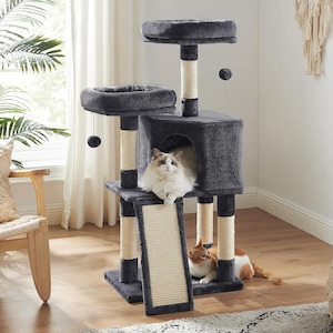 Ansamblu de Joaca pentru Pisici KATO™ MX PlushComfort Multi Play, Rampa Zgarietoare XL, Casuta Spatioasa, 2 Cuiburi Pufoase Deluxe, 2 Mingi Suspendate, Stalpi din Sisal Resist+, Baza Solida Anti-Alunecare, 112 Cm, Dark Grey