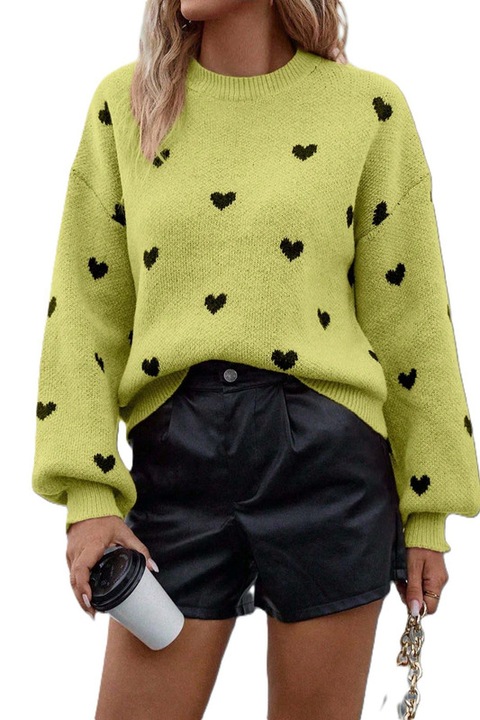 Pulover Dama, Guler Rotund, Maneci Felinar, Cu Inimioare, Galben
