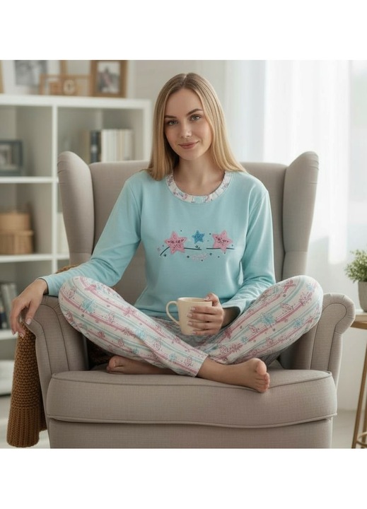 Pijama bumbac interlock, StarFashion, bluza cu maneca lunga si pantaloni lungi, Albastru ciel