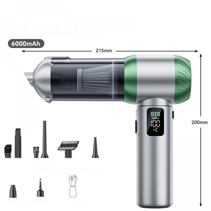 Hordozható 4 az 1-ben porszívó autóba, 6000 mAh-s akkumulátor, meghosszabbított üzemidő, szívás, fújás, felfújás, 9 tartozék, 3 sebességfokozat, por eltávolítása egy gombnyomással otthoni használatra, akkumulátor töltöttségi szint jelző, ezüst-zöld