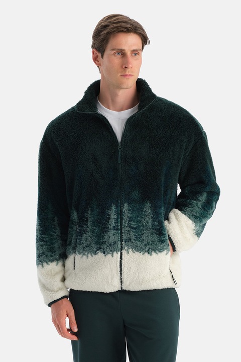 DAGI, Bluza de trening din material teddy cu fermoar, Alb fildes/Verde englez