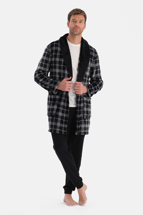 DAGI, Halat de baie in carouri cu buzunar, Negru, Gri cenusiu, S-M