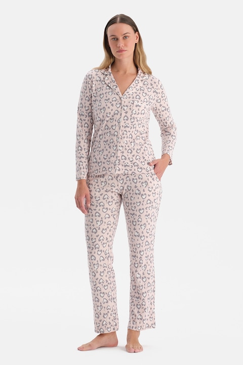 DAGI, Pijama lunga cu animal print, Gri deschis/Roz pal