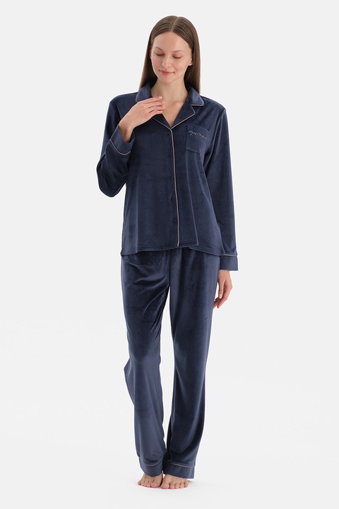 DAGI, Pijama lejera catifelata cu snur, Bleumarin