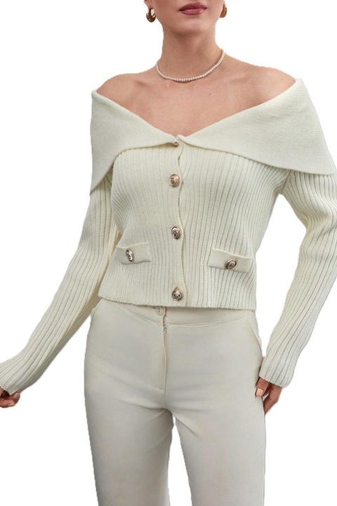 Pulover Dama, Umeri Goi, Buzunare False, Nasturi Aurii, Crem