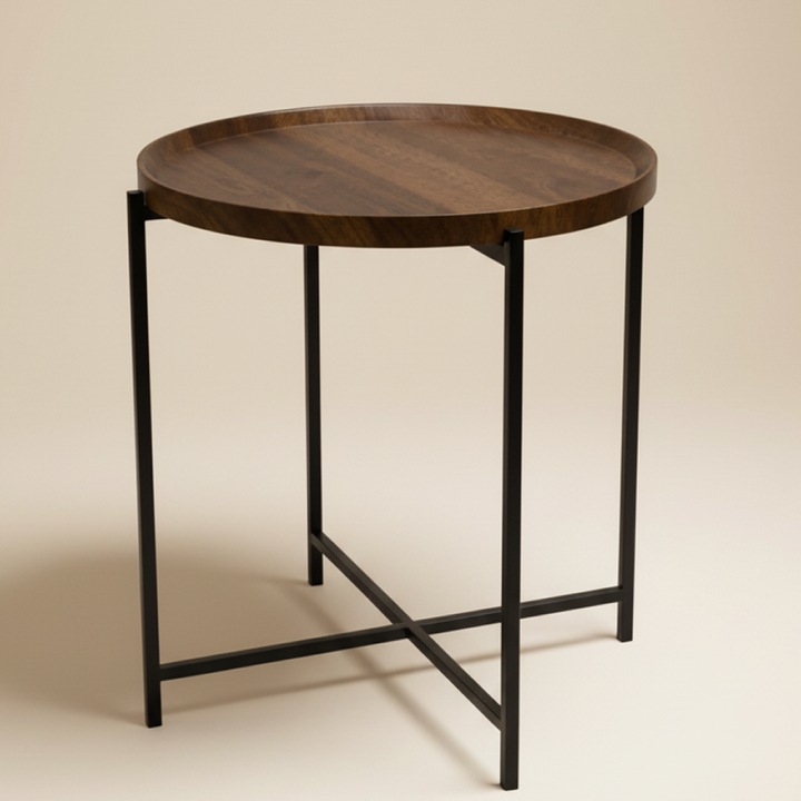 Кръгла маса DFrst, естествено дърво, метал, компактна, цвят кафяв/черен