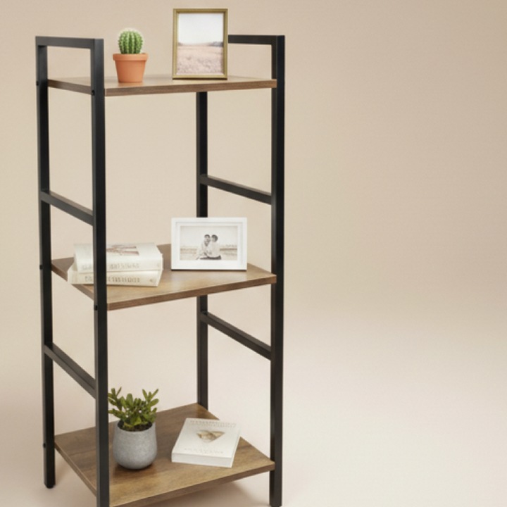 Négyemeletes DFrst polc, fém és fa, barna és fekete színű, kompakt méretek