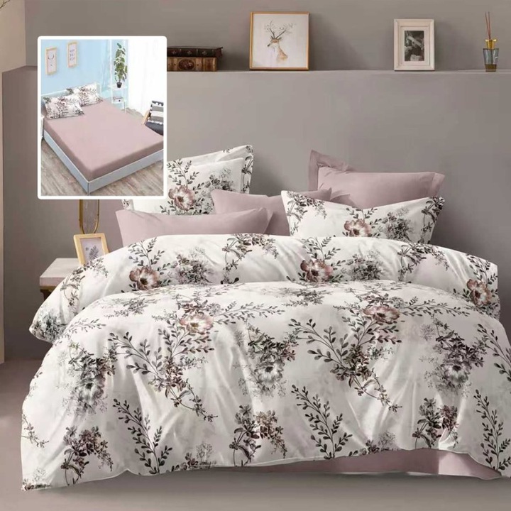 Lenjerie de pat dublu cu flori roz cappuccino, 6 piese, cearceaf de pat cu elastic 180x200cm, Lenjerii Deosebite