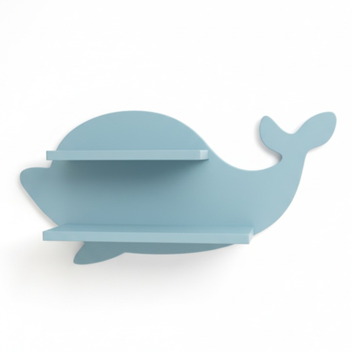 Raft de perete DFrst, model „Delfin”, cu 2 niveluri, design tematic oceanic, culoare albastru deschis