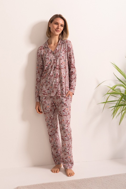 Sofiaman, Pijama lunga din amestec de bambus cu model Marion, Visiniu/Roz prafuit