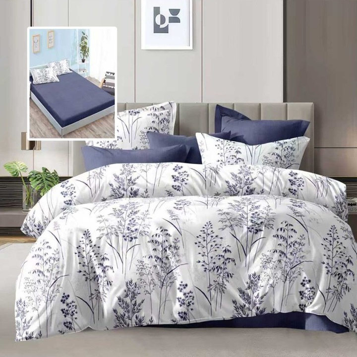 Kétszemélyes ágynemű, fehér-kék, 6 részes, gumis lepedővel 180x200cm, Különleges ágyneműk