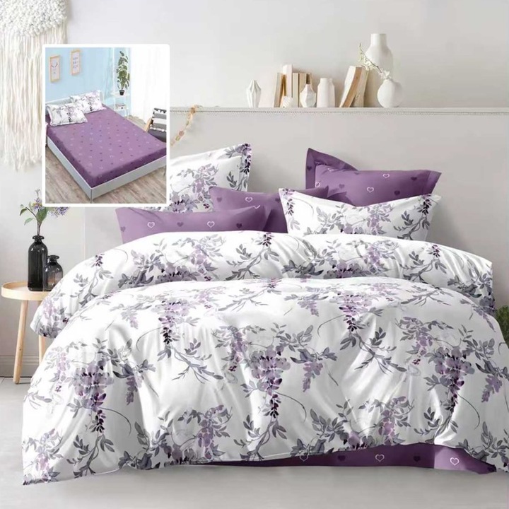 Lenjerie de pat dublu cu flori mov lila, 6 piese, cearceaf de pat cu elastic 180x200cm, Lenjerii Deosebite