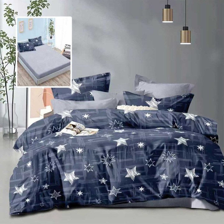 Lenjerie de pat dublu cu stelute albastru gri, 6 piese, cearceaf de pat cu elastic 180x200cm, Lenjerii Deosebite