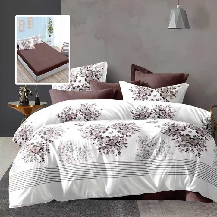 Lenjerie de pat dublu cu flori mov gri, 6 piese, cearceaf de pat cu elastic 180x200cm, Lenjerii Deosebite