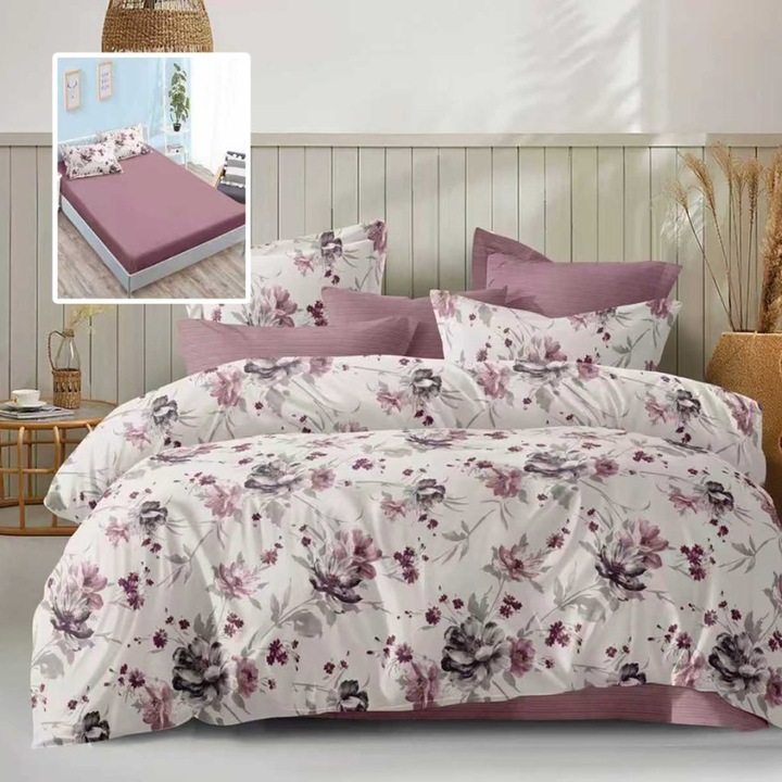 Lenjerie de pat dublu cu flori mov pruna, 6 piese, cearceaf de pat cu elastic 180x200cm, Lenjerii Deosebite