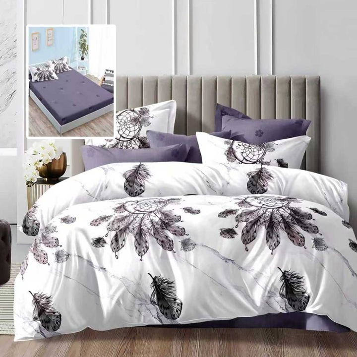 Lenjerie de pat dublu cu pene gri mov, 6 piese, cearceaf de pat cu elastic 180x200cm, Lenjerii Deosebite