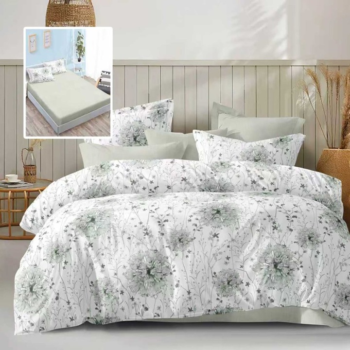 Lenjerie de pat dublu cu flori verde pal, 6 piese, cearceaf de pat cu elastic 180x200cm, Lenjerii Deosebite