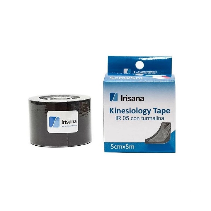 Banda Kinesiologică Irisana cu Turmalina, Efecte Benefice pentru Dureri Musculare și Articulare, Negru, 5cm x 5m