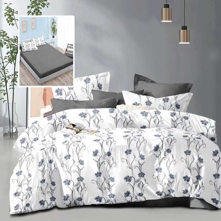 Lenjerie de pat dublu cu flori alb gri, 6 piese, cearceaf de pat cu elastic 180x200cm, Lenjerii Deosebite