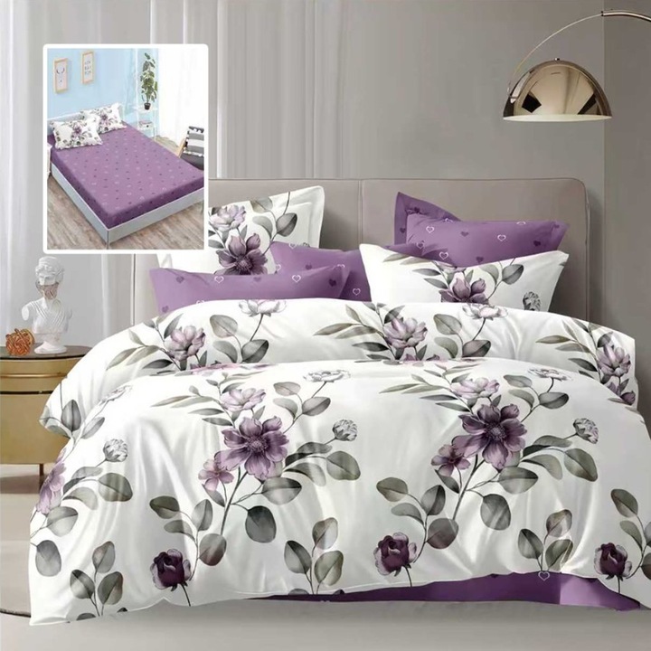 Lenjerie de pat dublu cu flori mov, 6 piese, cearceaf de pat cu elastic 180x200cm, Lenjerii Deosebite