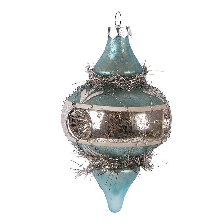 Орнамент за коледна елха, стъклен, сребристо-син, Ø 7x13 см