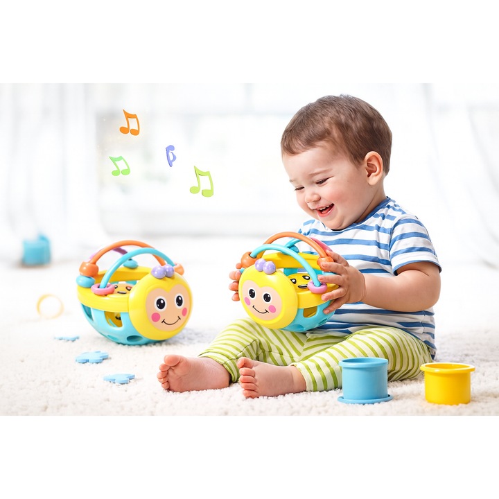 Jucarie senzoriala Shenzen, minge interactiva 10x10x10cm, zornaitoare cu clopotei, unisex, pentru 0-12 luni