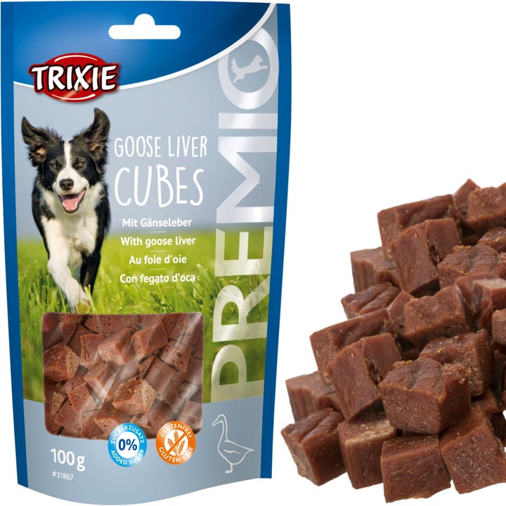 Biscuiti pentru caini, Trixie, Cuburi de ficat de gasca, 100g, fara gluten, 24% proteina