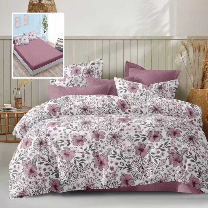 Lenjerie de pat dublu cu flori mov, 6 piese, cearceaf de pat cu elastic 180x200cm, Lenjerii Deosebite