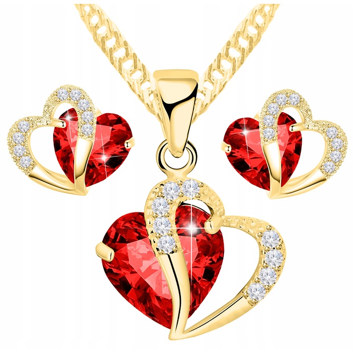 Set colier și cercei aurit, Larezo, argint 925, cristale inimioare roșii, 42cm+3cm, 12x13mm, 8x10mm