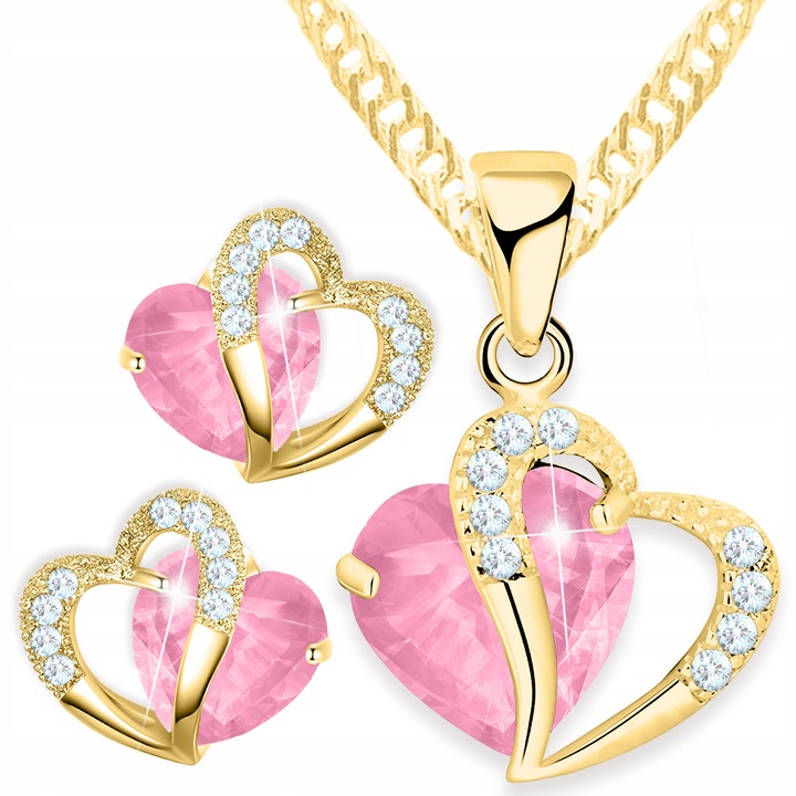 Set Bijuterii Larezo, Cercei și Colier Inimioare Roz, Argint 925 Placat Aur, 42cm + 3cm, Cutie Cadou