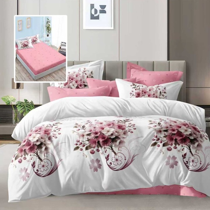 Lenjerie de pat dublu cu flori roz, 6 piese, cearceaf de pat cu elastic 180x200cm, Lenjerii Deosebite