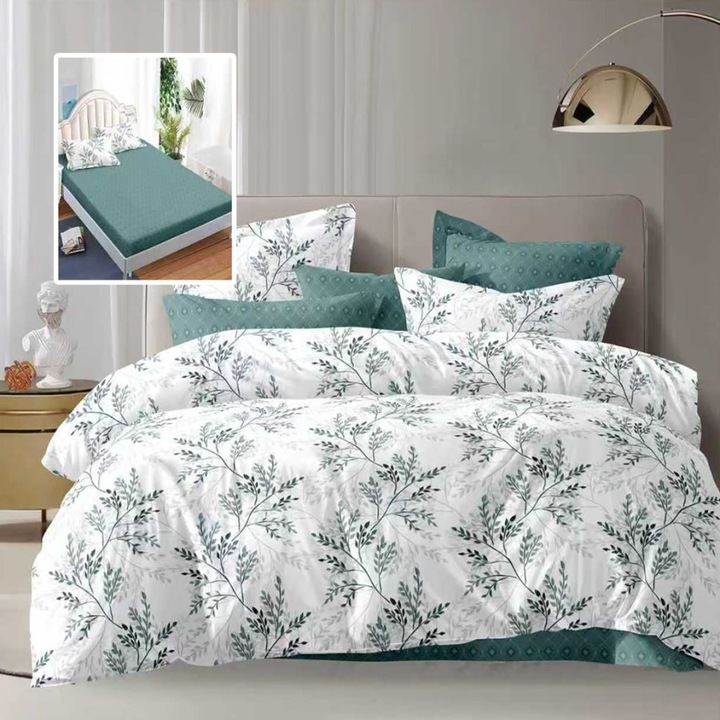 Lenjerie de pat dublu cu frunze verzi, 6 piese, cearceaf de pat cu elastic 180x200cm, Lenjerii Deosebite