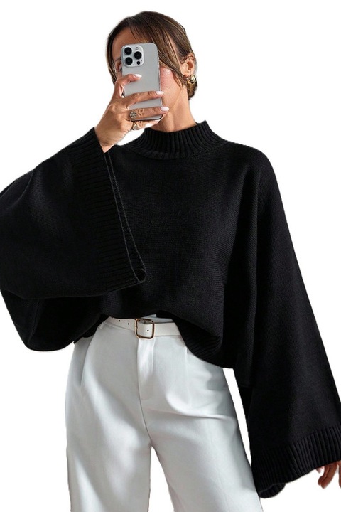 Pulover Dama, Croiala Oversize, Maneci Liliac, Negru