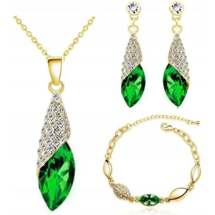 Set Bijuterii Aurit LOVRIN "Migdale" cu Pietre Smarthyst Lacrima, Aur Galben, 19cm Bratara, 45cm Colier