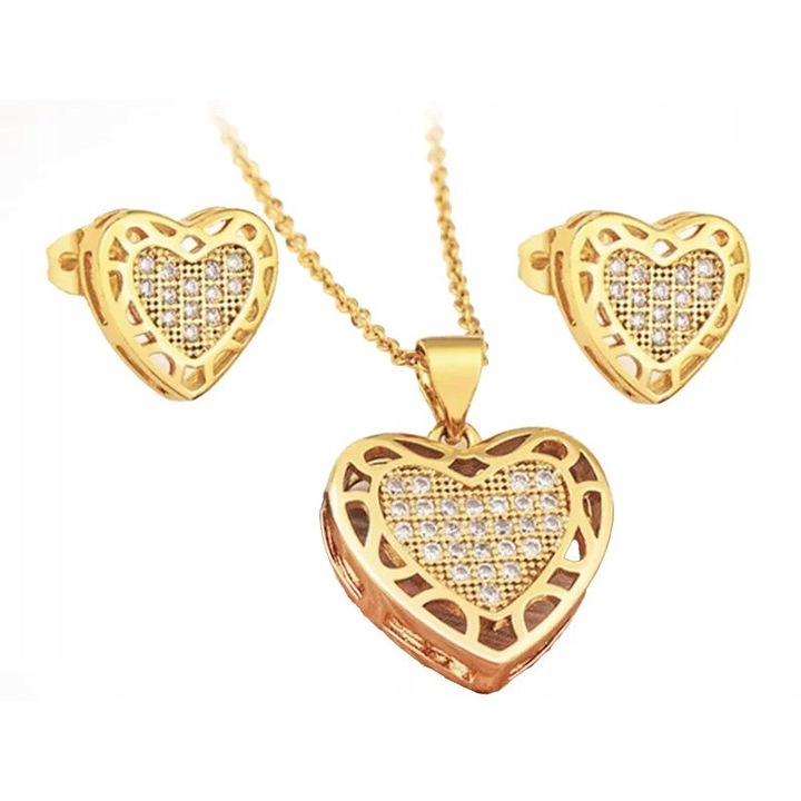 Set Bijuterii Aurit LOVRIN Inimioare cu Pietre Zirconiu, Aur Galben, Colier 40cm + 6cm, Cercei 1cm x 1cm