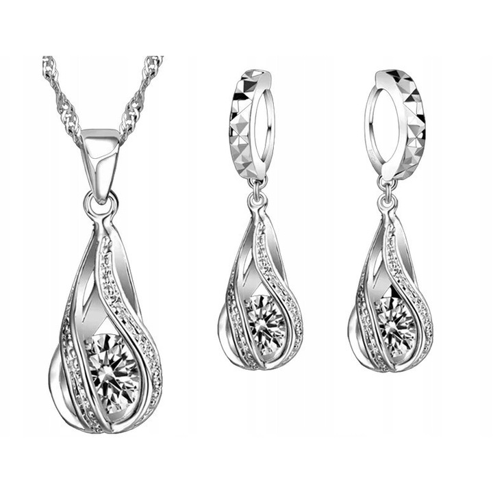 Set bijuterii argintate Lovrin cu pandantiv migdal, pietre albe, colier 45cm, cercei 3.3cm