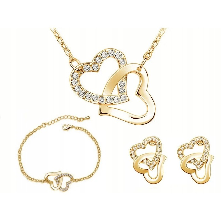 Set bijuterii aurii cu inimioare, zirconii albe, 4 piese, aur galben