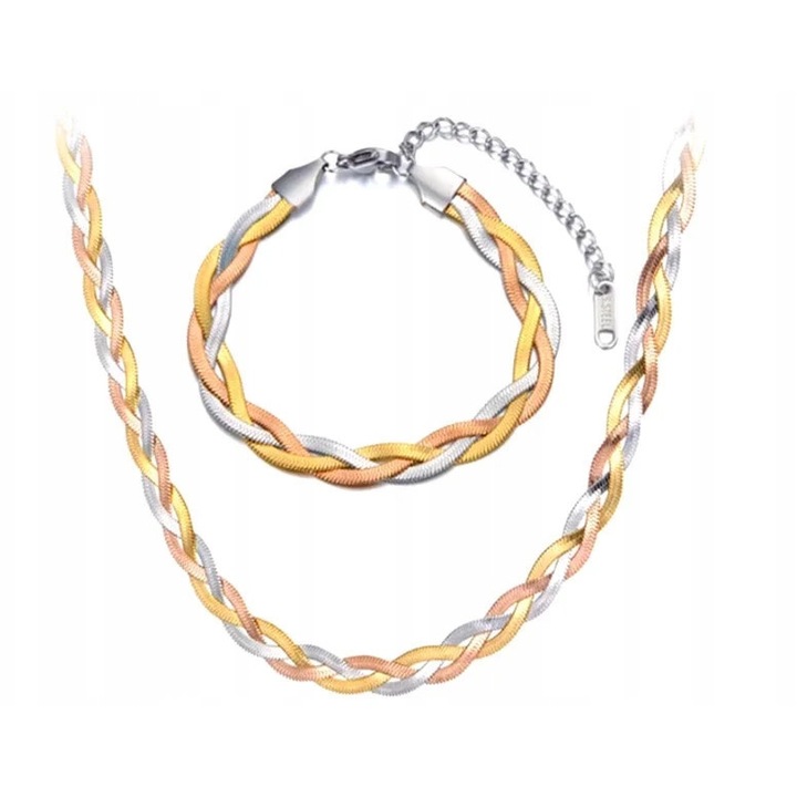 Set bijuterii argintate "Sarpe", LOVRIN, 3 culori, colier reglabil 40x0, 7cm, bratara reglabilă 16, 5x0, 7cm