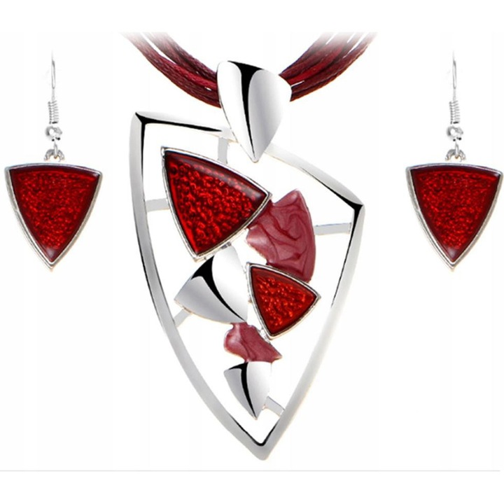 Set Bijuterii Argintate LOVRIN cu Pietre Rubin, Colier 49cm, Pandantiv 5, 9x3, 6cm, Cercei 3, 7cm