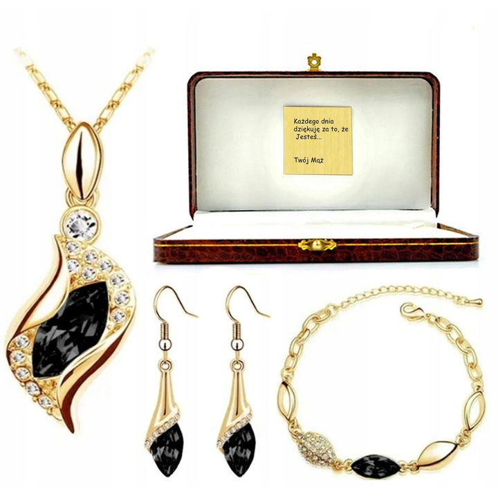 Set bijuterii LOVRIN aurit lacrimă neagră, bratara 23cm, cercei 9x45mm, colier 45cm