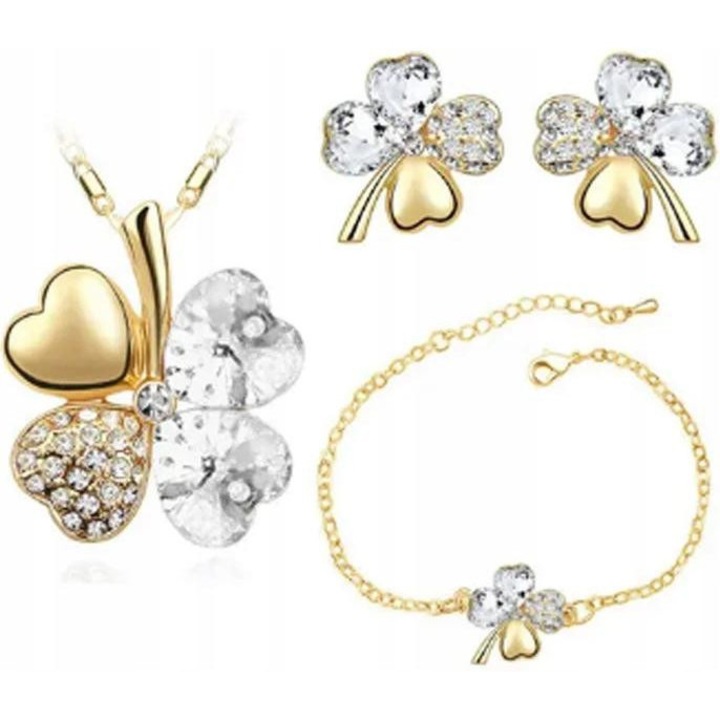 Set Bijuterii Lovrin, Colier cu Trifoi Alb din Cristal, Bratara, Cercei, Aurit