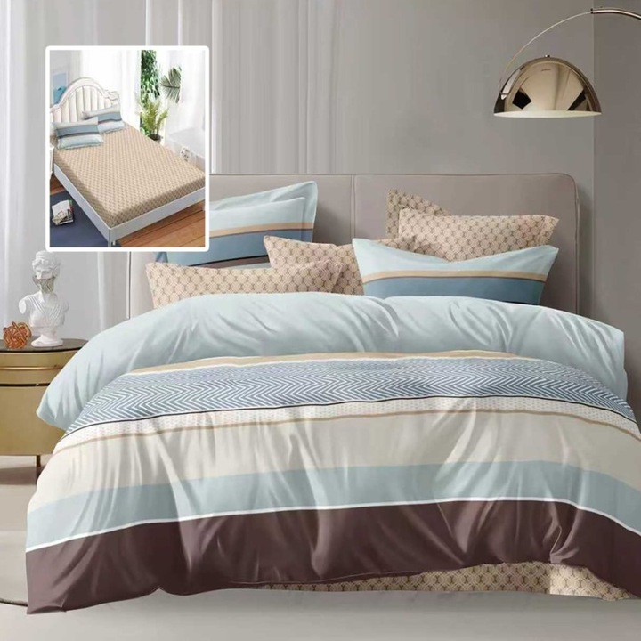 Lenjerie de pat dublu cu dungi, 6 piese, cearceaf de pat cu elastic 180x200cm, Lenjerii Deosebite