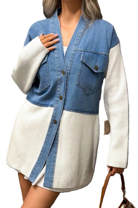 Cardigan Dama, Cu Accente Denim Tip Camasa, Cu Buzunare Si Nasturi, Multicolor