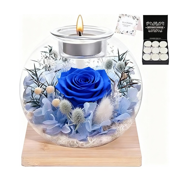 Свещ с консервирано цвете в стъклен купол, Huideng, аромат лавандула, романтичен подарък за жени, рожден ден