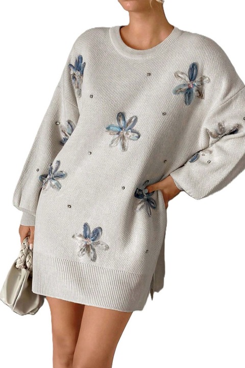 Pulover Dama, Lung, Decorat Cu Strasuri 3D Si Perle, Crem