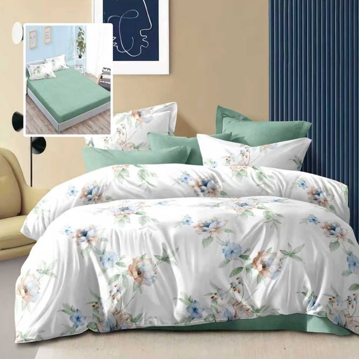 Lenjerie de pat dublu verde cu flori, 6 piese, cearceaf de pat cu elastic 180x200cm, Lenjerii Deosebite
