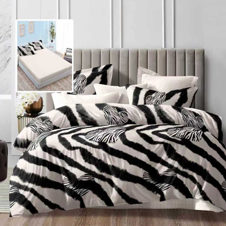 Lenjerie de pat dublu cu model zebra, 6 piese, cearceaf de pat cu elastic 180x200cm, Lenjerii Deosebite